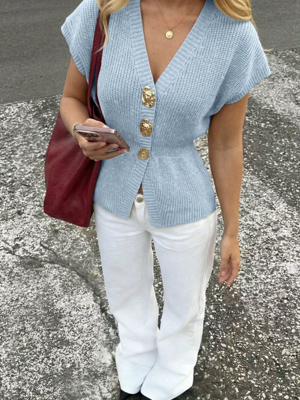 Baby Blue Casual Women's V-Neck Knit Top - Picture 5 of 7